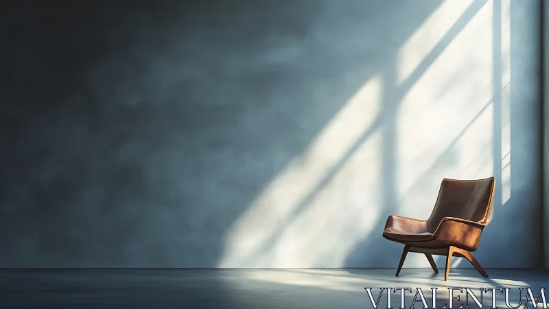 Leather lounge chair stands in sunlight against blue wall