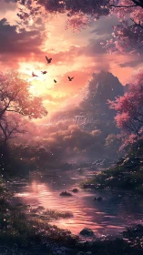 Fantasy valley sunset with sakura riverine composition.