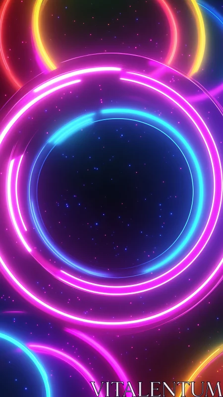 Neon vortex rings over deep space particle field background.
