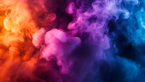 Vibrant multicolor smoke clouds swirl across dark background