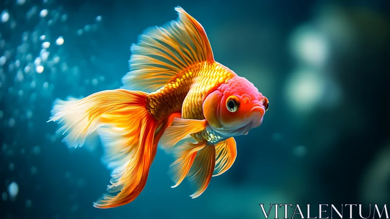 Vibrant orange goldfish swims through deep blue aquarium