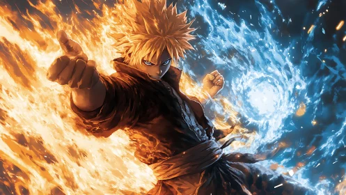 Blazing punch hero bending twin storms of fire and ice.