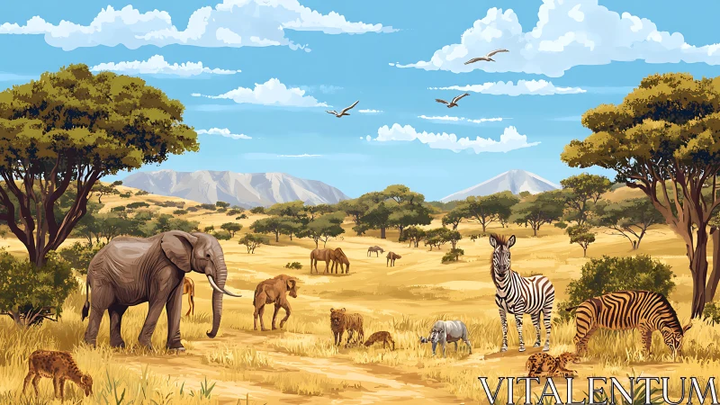 African savanna wildlife scene with elephants and zebras.
