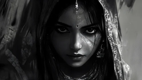 Monochrome portrait of veiled woman with direct gaze.