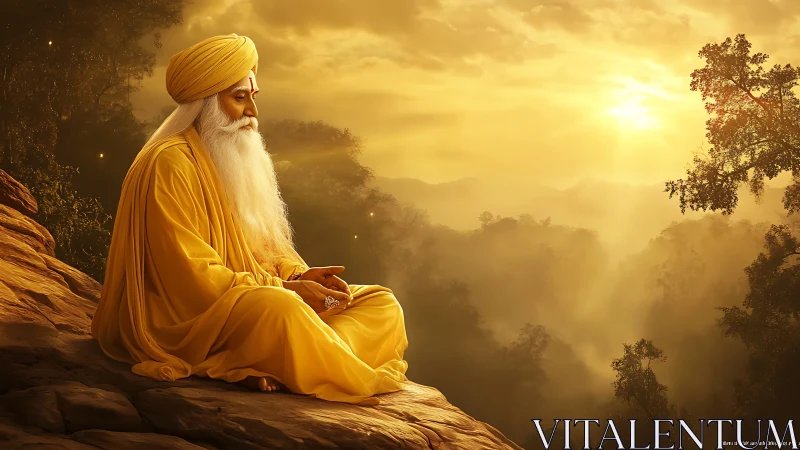 Elderly sage in yellow robes meditating at golden sunset.