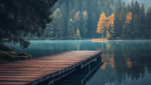 Quiet wooden lakeside pier leads into misty autumn forest