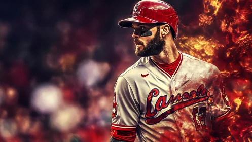 Baseball slugger strides through blazing inferno backdrop.