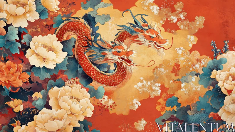 Twin dragon spirits glide gently through clouds and blossoms