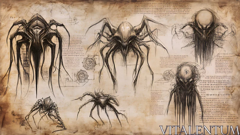 Eldritch insectoid creature concept sketches on aged parchment.