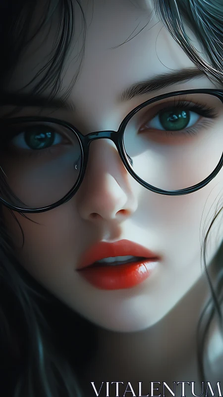 Emerald eyes and red lips create an intimate digital portrait.