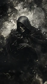 Grim reaper in swirling shadow mist offers eerie quiet