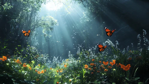 Orange butterflies move through dense sunlit forest clearing