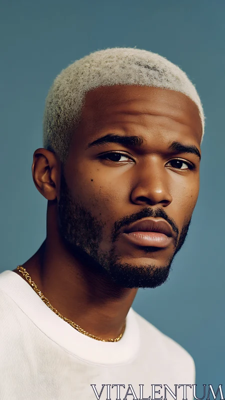 Thoughtful portrait with cool blonde fade and gentle gaze.