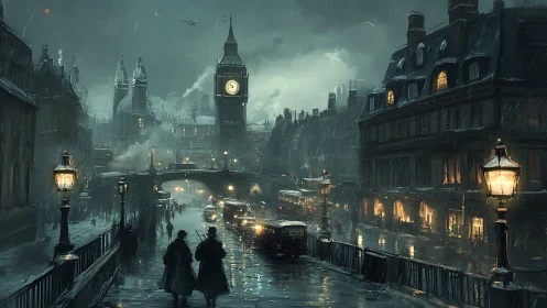 Rain-soaked Victorian London street rendered in moody cinematic chiaroscuro