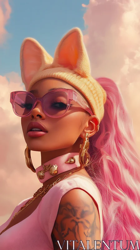 Pink haired streetwear portrait with bunny hat and gold jewelry