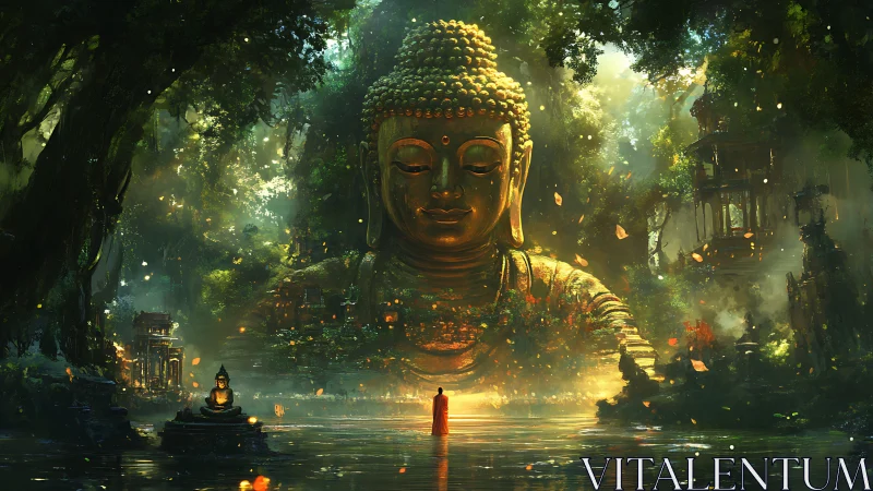 Large seated Buddha statue in dense forest environment.