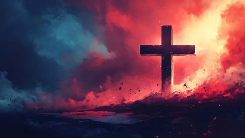 Luminous cross silhouette in turbulent crimson storm clouds.