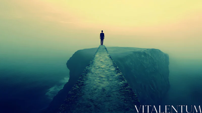 Solitary figure on a misty cliff path at dreamlike dawn.