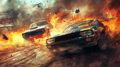 Two rally cars traverse fire-filled dirt track scene.
