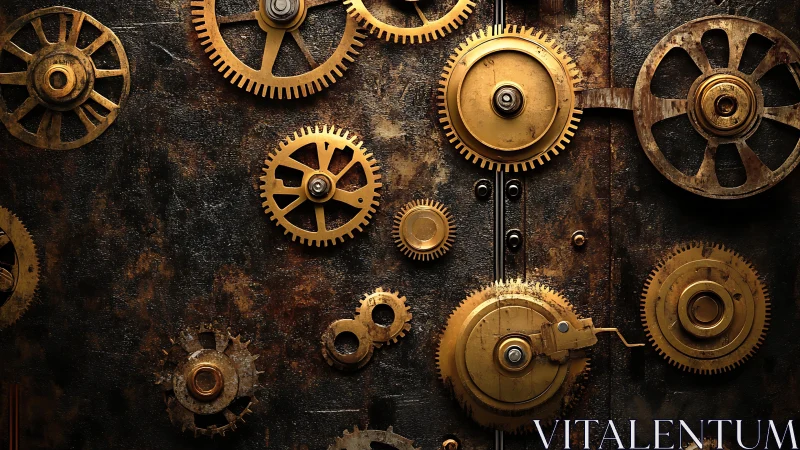 Interlocked brass gears on corroded industrial metal surface.