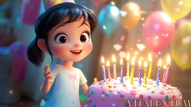 3D animated child character with birthday cake and lit candles.