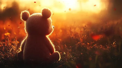 Plush bear silhouette sits in backlit field at sunset