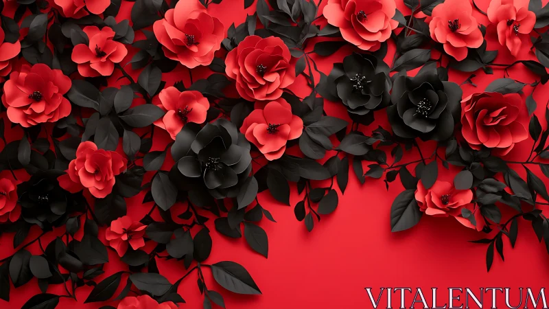 Three-dimensional rendered floral composition with stratified depth and contrasting chromatic palett