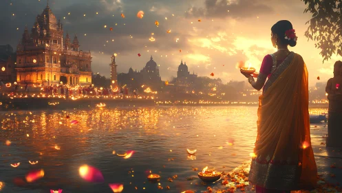 Woman holds diya beside river during golden temple festival