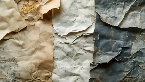 Textured triptych of crumpled neutral tone paper layers.