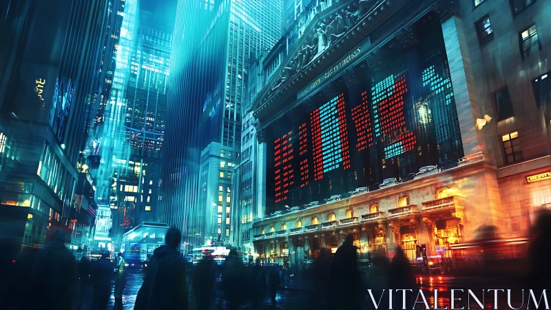 Neon drenched financial district streetscape with stock ticker glow