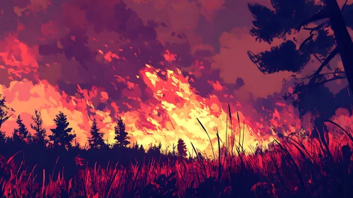 Wildfire Landscape at Dusk With Silhouetted Forest and Dramatic Sky