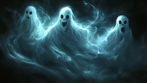Ethereal ghostly trio drift through eerie swirling mist.