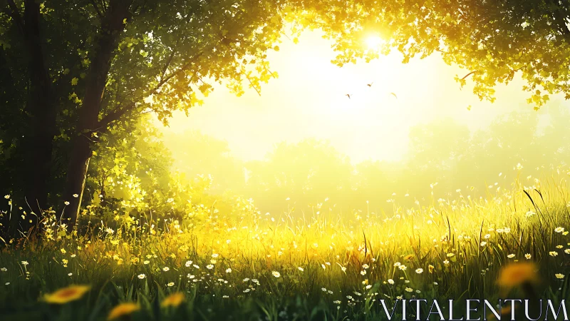 Sunlit meadow edge is rendered with diffuse backlighting