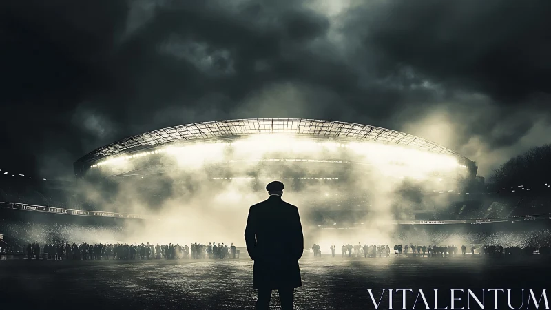 Silhouetted mastermind confronts a storm-lit colossal stadium.