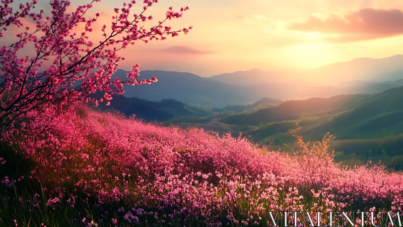 Sunset over rolling hills and vivid pink blossom slopes.