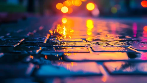 Neon rainlight over quiet cobblestones at blue hour.