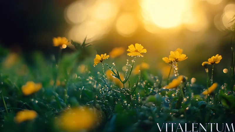 Backlit macro field of dewy yellow wildflowers at sunrise.