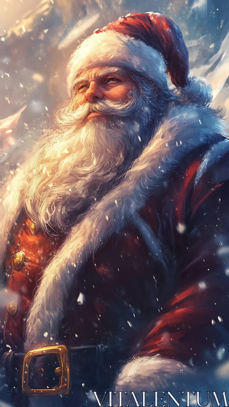 Warm-hearted Santa in glowing winter wonderland light.