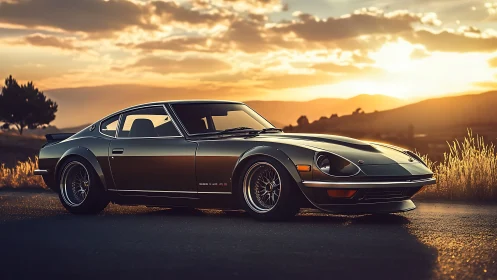 Sunlit classic sports coupe on rural highway at dusk.