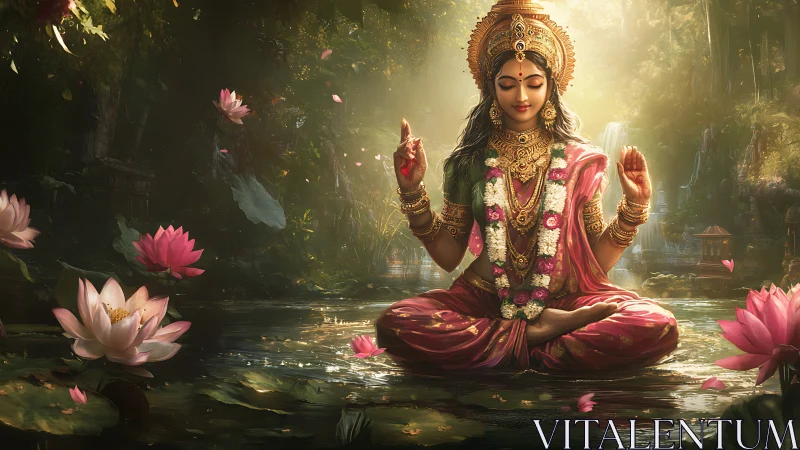 Goddess in lotus sanctuary radiates serene golden light.