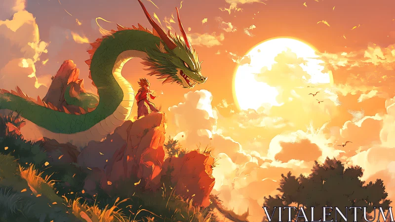 Sunlit mountain dragon coiled beside lone warrior sentinel.