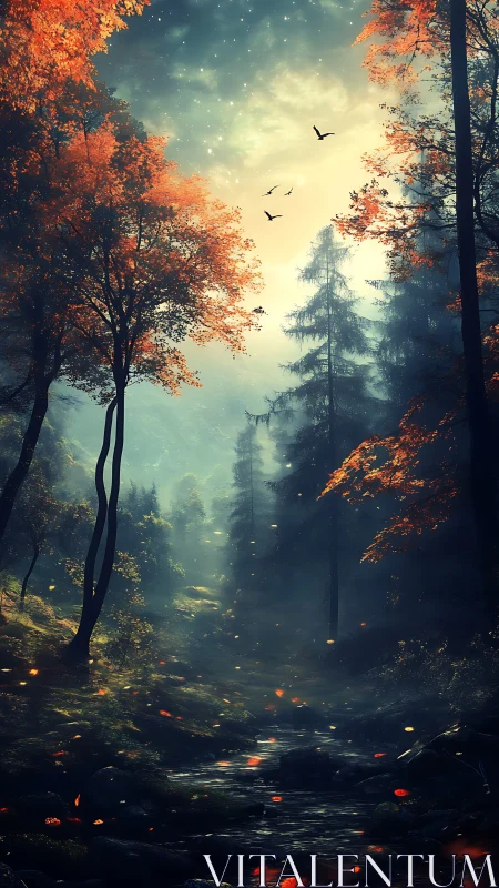 Mystical Forest Clearing with Autumn Light and Birds