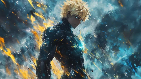 Blond male figure in dark armor amid blue and orange energy.