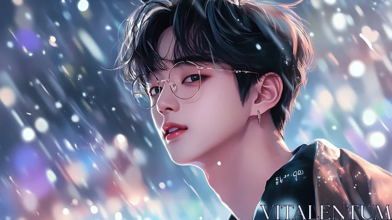 Glasses-wearing youth under neon rain, soft bokeh glow.