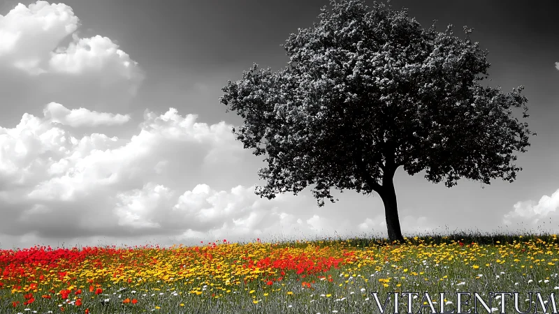 Lonely tree watches a bright wildflower meadow glow below