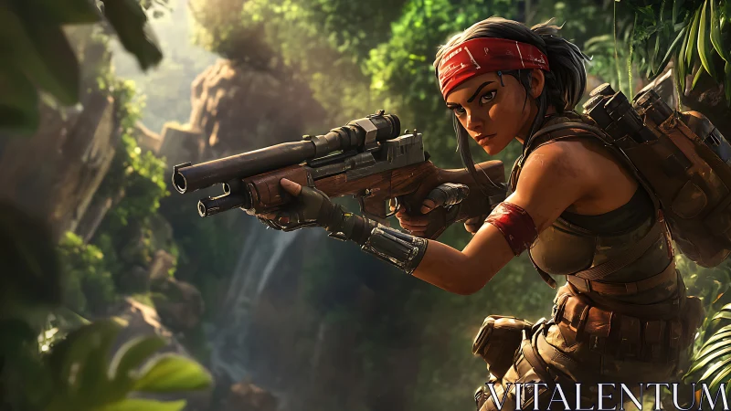 Jungle sniper poised in lush canyon light, ready for combat.