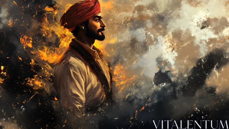 Fiery portrait celebrates a calm hero framed by stormy light