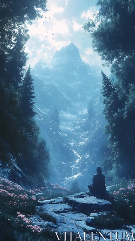 Solitary observer in volumetric-lit alpine ravine vista.