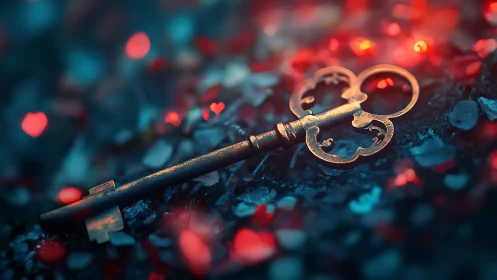 Ancient Golden Key Rests on Luminous Surface with Bokeh Lights