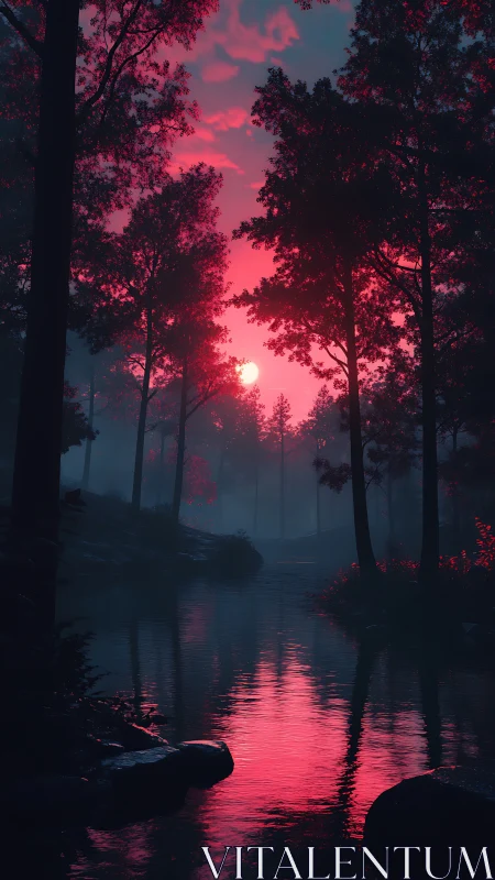 Crimson twilight river cuts through misty pine forest